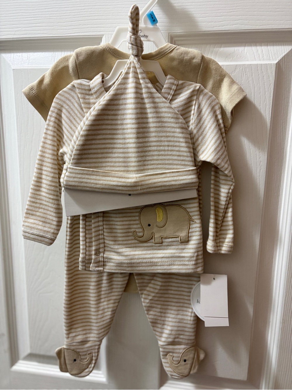 Neutral Beige Striped 3-Piece Baby Set with Elephant Accent - Unbranded